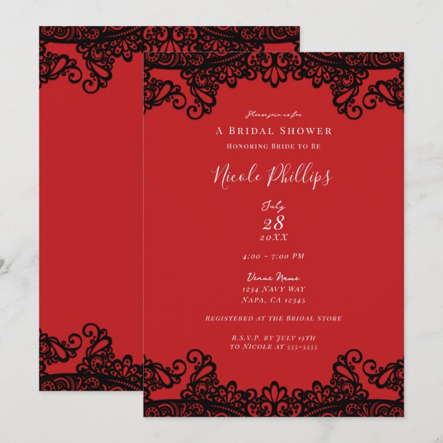 Red & Black Lace Elegant Chic Bridal Shower     Invitation (Front/Back)