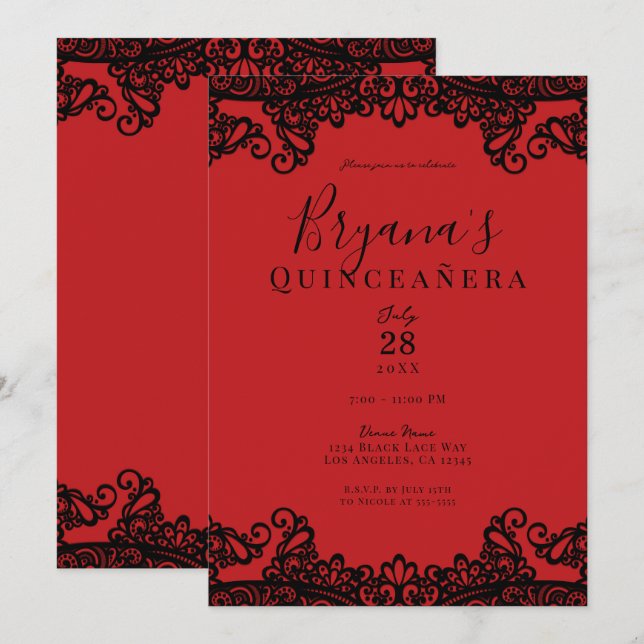 Red & Black Lace Elegant Quinceañera Party Invitation (Front/Back)