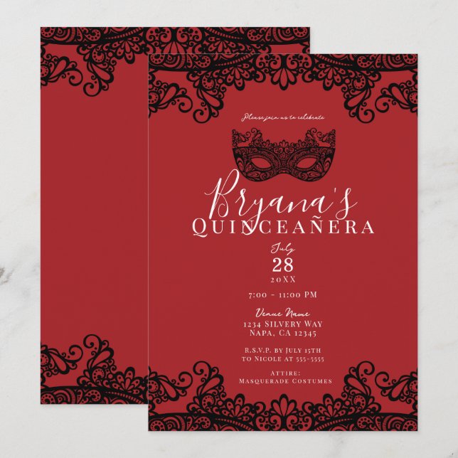 Red & Black Lace Masquerade 15 15th Quinceañera  Invitation (Front/Back)