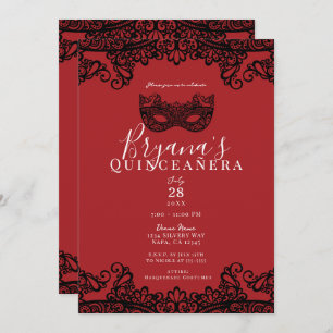 Red & Black Lace Masquerade 15 15th Quinceañera  Invitation