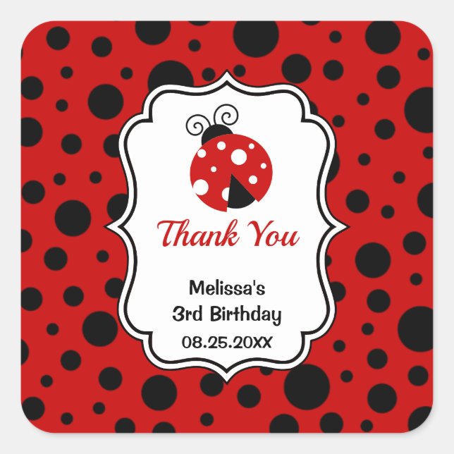 Red Black Ladybug Frame Polka Dots Kids Birthday  Square Sticker (Front)