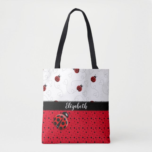 Red Black Ladybug Polka Dot Bug Beetles Name Tote Bag (Front)