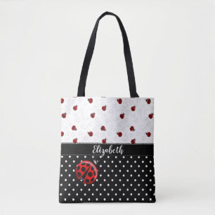 Red Black Ladybug Polka Dot Bug Beetles Name Tote Bag
