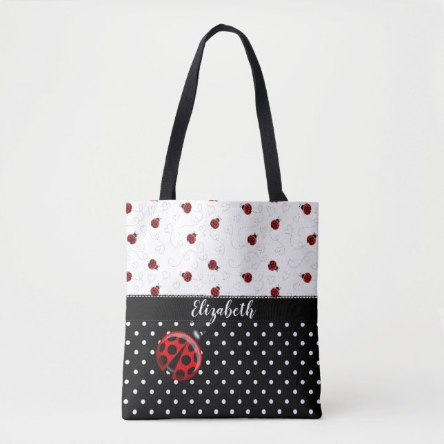 Red Black Ladybug Polka Dot Bug Beetles Name Tote Bag (Front)