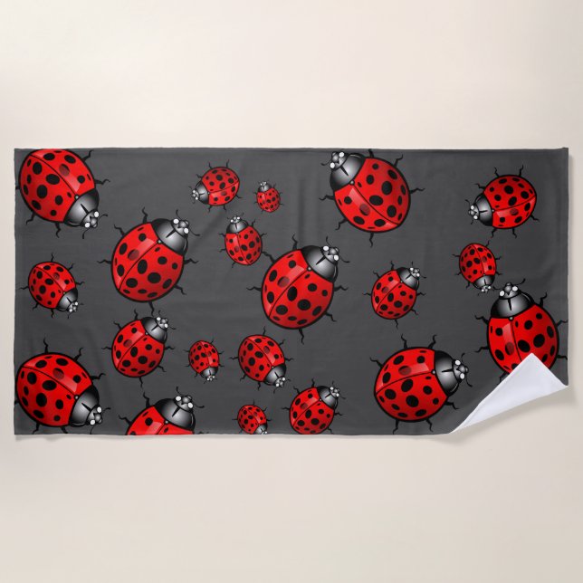 Red Black Ladybugs Beach Towel (Front)