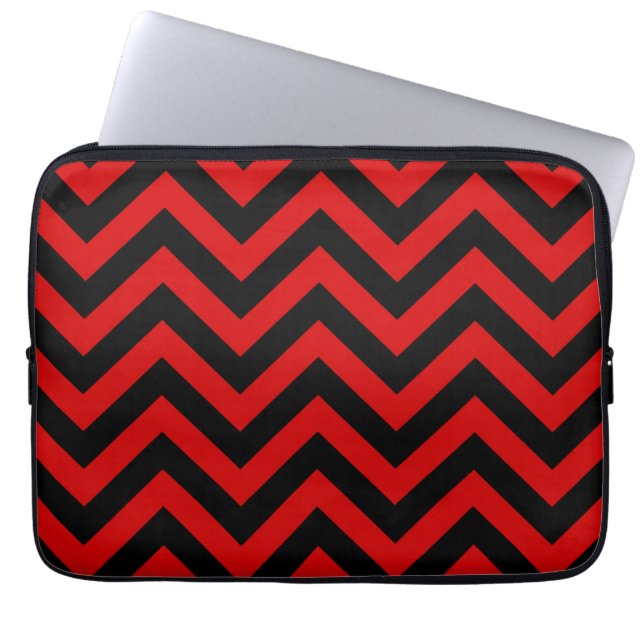 Red, Black Large Chevron ZigZag Pattern Laptop Sleeve (Front)