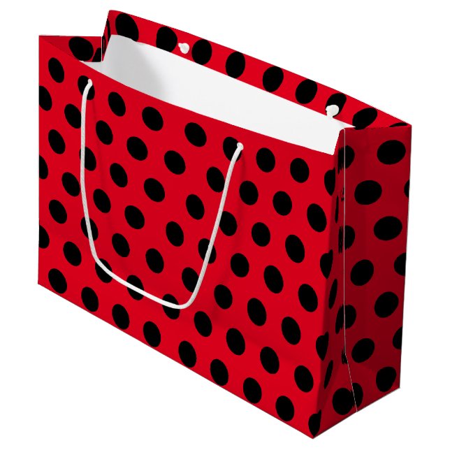 Red & Black Large Medium Polka Dot Party Large Gift Bag (Front Angled)