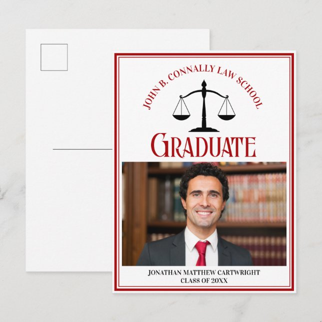 Red Black Law School Graduation Photo Announcement Postcard (Front/Back)