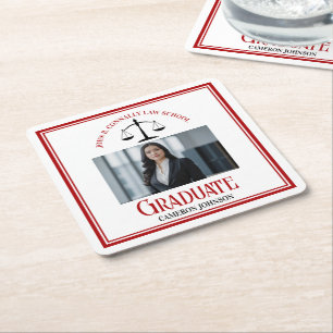 Red Black Law School Photo Graduation Party Square Paper Coaster