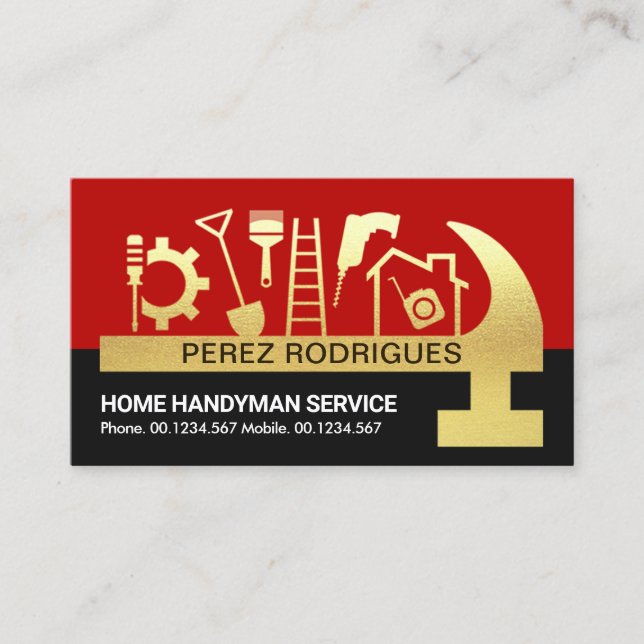 Red Black Layers Gold Hammer Handyman Tools Business Card (Front)