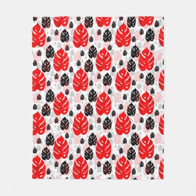 Red Black Leaf Abstract Shape Pattern Illustration Fleece Blanket (Front)