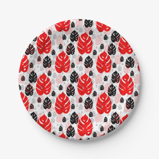 Red Black Leaf Abstract Shape Pattern Illustration Paper Plate (Front)