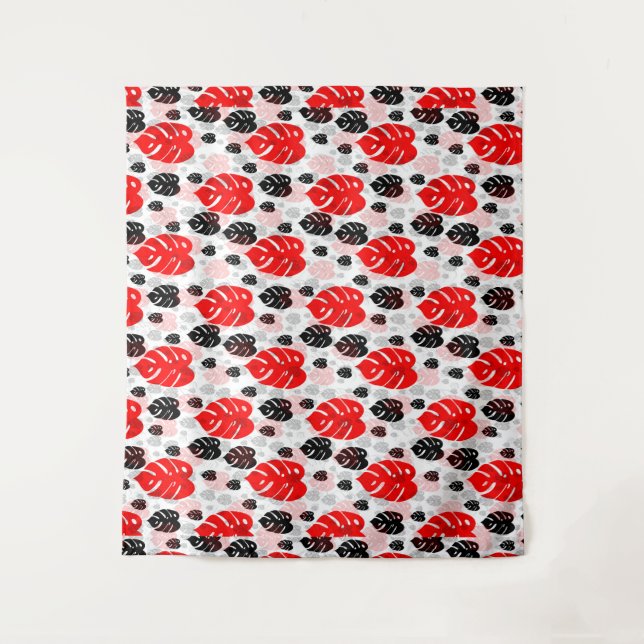 Red Black Leaf Abstract Shape Pattern Illustration Tapestry (Front)