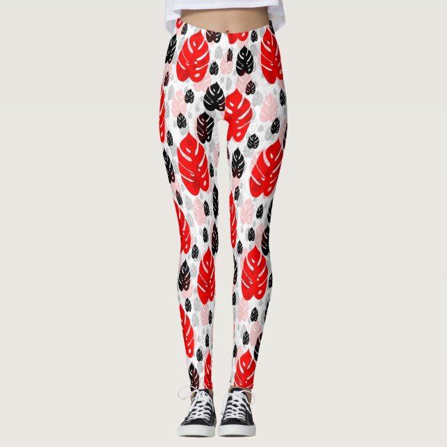 Red Black Leaf Illustration Pattern Design  Leggings (Front)