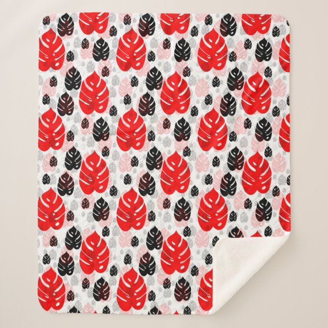Red Black Leaf Illustration Pattern Design  Sherpa Blanket (Front)