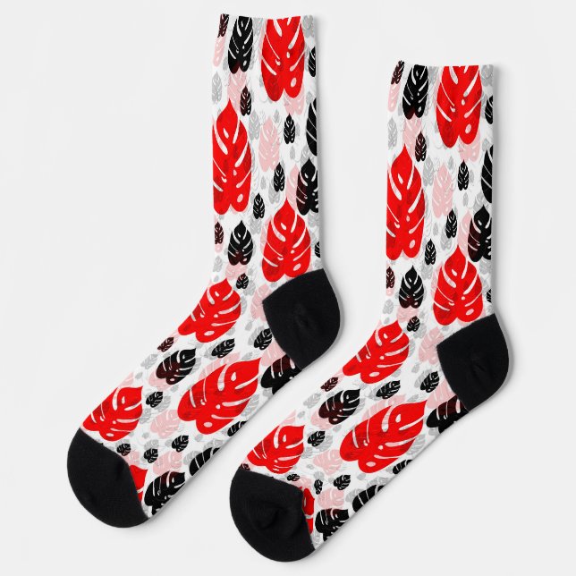 Red Black Leaf Illustration Pattern Design  Socks (Left)