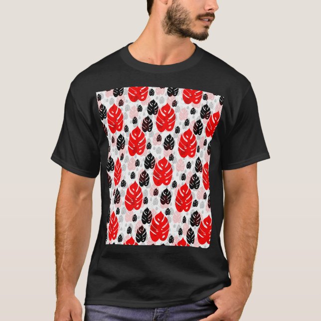 Red Black Leaf Illustration Pattern Design  T-Shirt (Front)