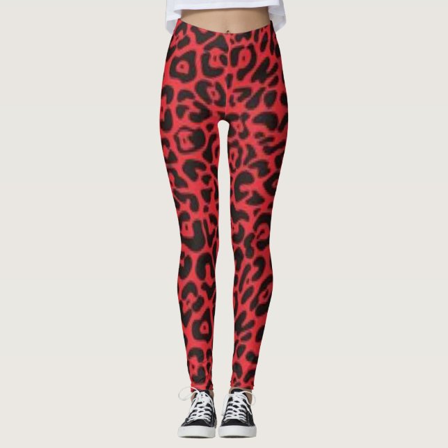 Red Black Leopard Pattern Print Design Leggings (Front)