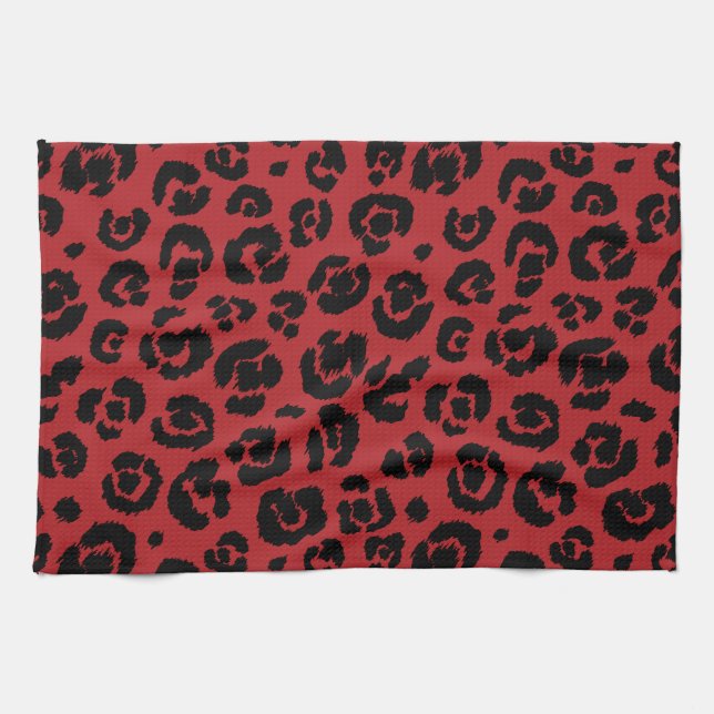 Red Black Leopard Print Tea Towel (Horizontal)