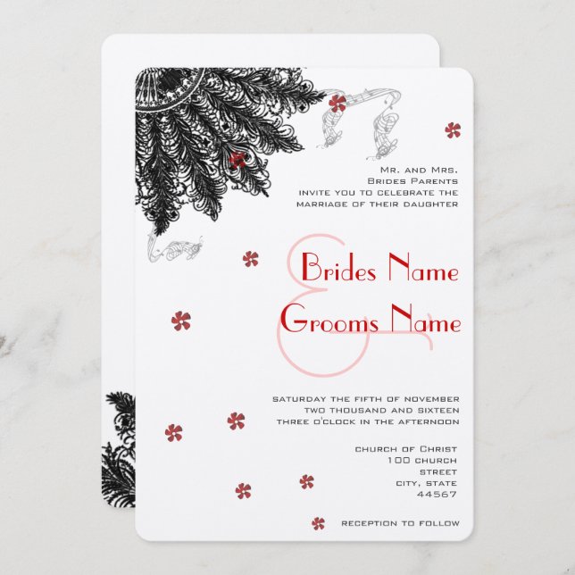 Red Black (less flowers) Fan Wedding Invitations (Front/Back)