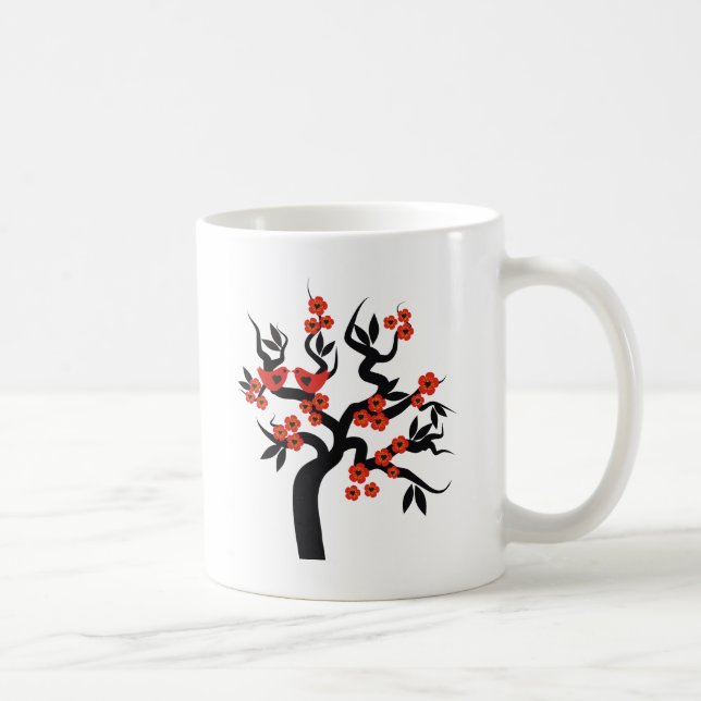 Red black Love birds sakura cherry tree & Blossoms Coffee Mug (Right)