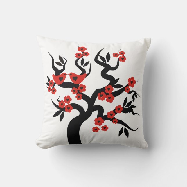Red black Love birds sakura cherry tree & blossoms Cushion (Front)