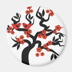 Red black Love birds sakura cherry tree & Blossoms Magnet