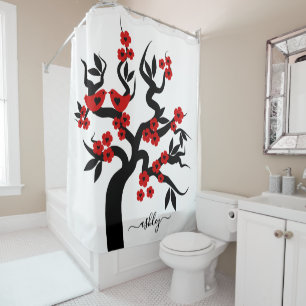 Red black Love birds sakura cherry tree & blossoms Shower Curtain