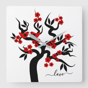 Red black Love birds sakura cherry tree & blossoms Square Wall Clock