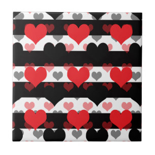 Red Black Love Hearts With Black White Stripes  Ceramic Tile