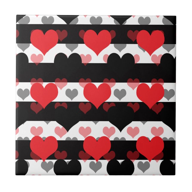 Red Black Love Hearts With Black White Stripes  Ceramic Tile (Front)