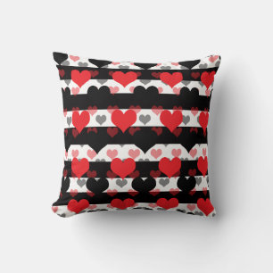 Red Black Love Hearts With Black White Stripes Cushion