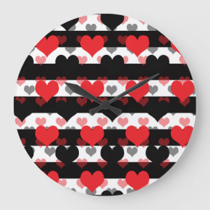 Red Black Love Hearts With Black White Stripes Large Clock