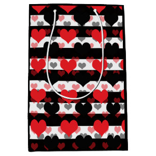 Red Black Love Hearts With Black White Stripes Medium Gift Bag