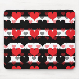 Red Black Love Hearts With Black White Stripes Mouse Pad