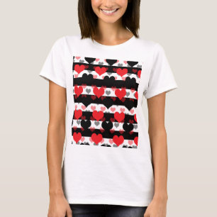 Red Black Love Hearts With Black White Stripes T-Shirt