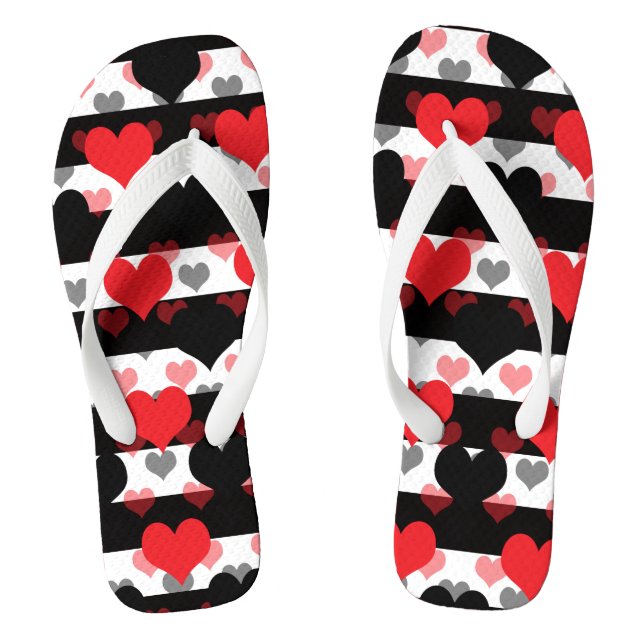 Red Black Love Hearts With Black White Stripes  Thongs (Footbed)