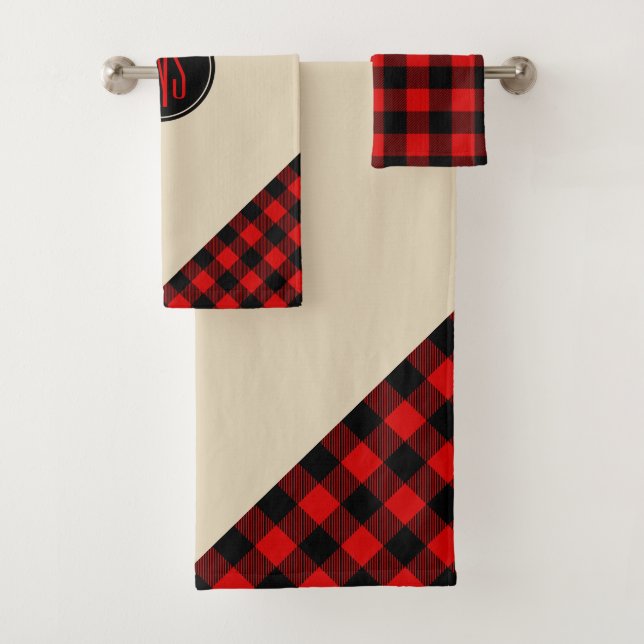 Red Black Lumberjack Buffalo Plaid Pattern Bath Towel Set (Insitu)