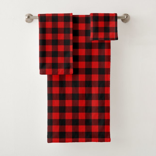 Red Black Lumberjack Buffalo Plaid Pattern Bath Towel Set (Insitu)