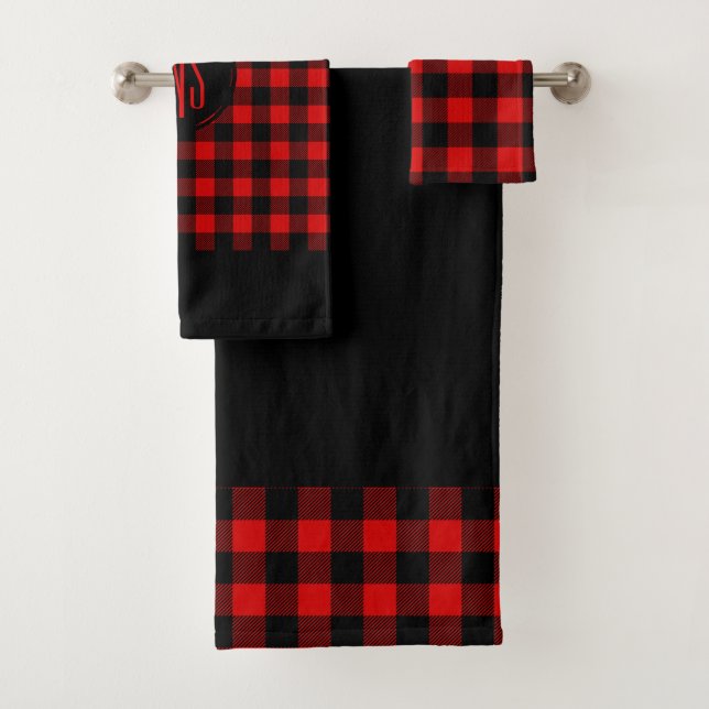 Red Black Lumberjack Buffalo Plaid Pattern Bath Towel Set (Insitu)