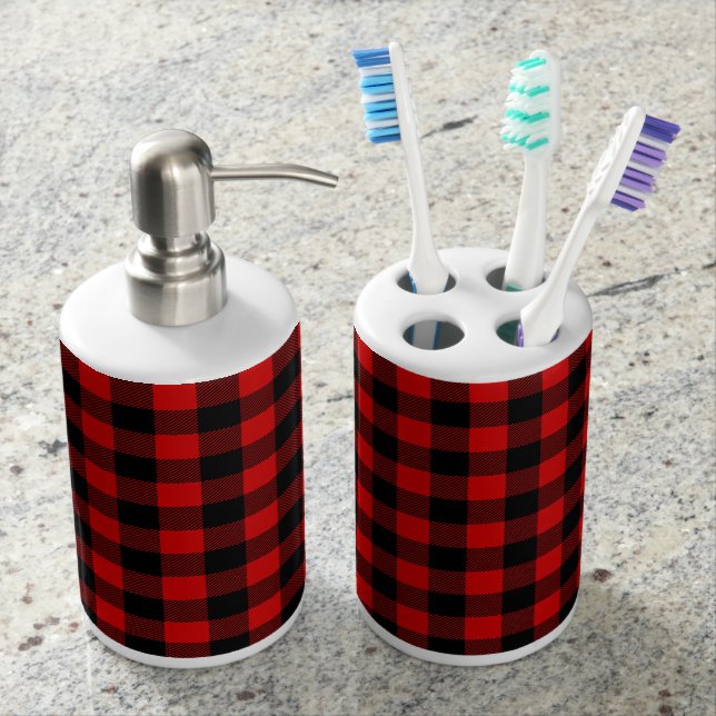 Red Black Lumberjack Buffalo Plaid Pattern Bathroom Set (Front)