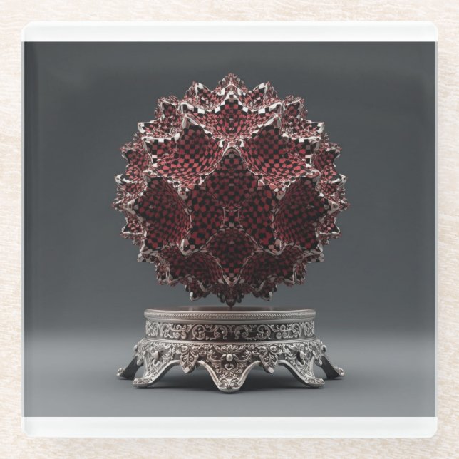 Red & Black Mandelbrot Sphere On Silver Pedestal Glass Coaster (Front)