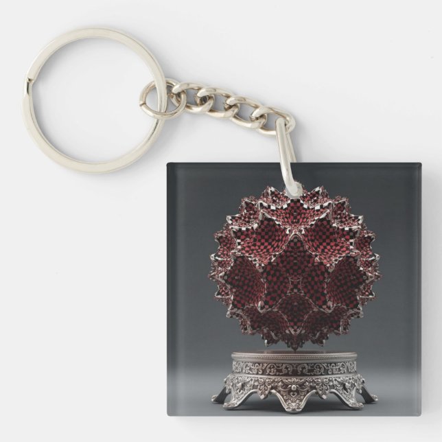 Red & Black Mandelbrot Sphere On Silver Pedestal Key Ring (Front)