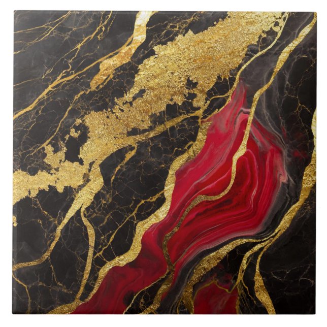Red Black Marble Pattern with Gold Ceramic Tile (Front)