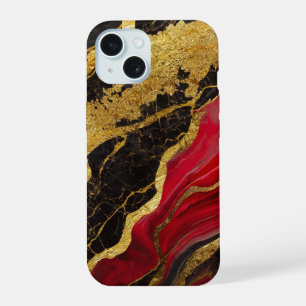 Red Black Marble Pattern with Gold iPhone 15 Case