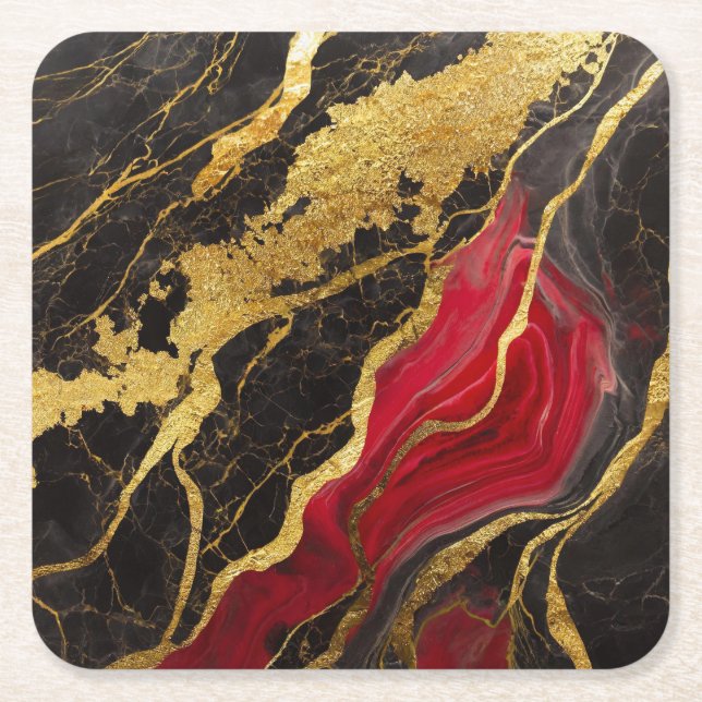 Red Black Marble Pattern with Gold Square Paper Coaster (Front)