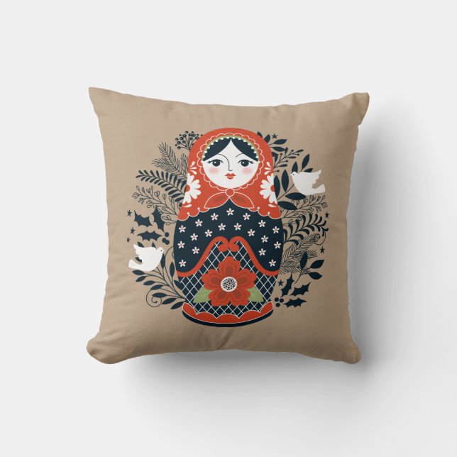 Red Black Matryoshka Nesting Doll Christmas Cushion (Front)