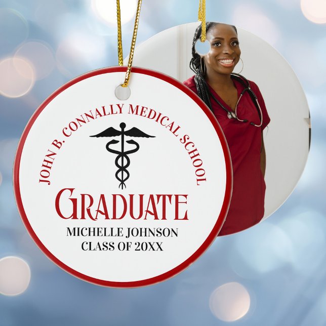 Red Black Medical School Photo Custom Graduation Ceramic Ornament (Creator Uploaded)