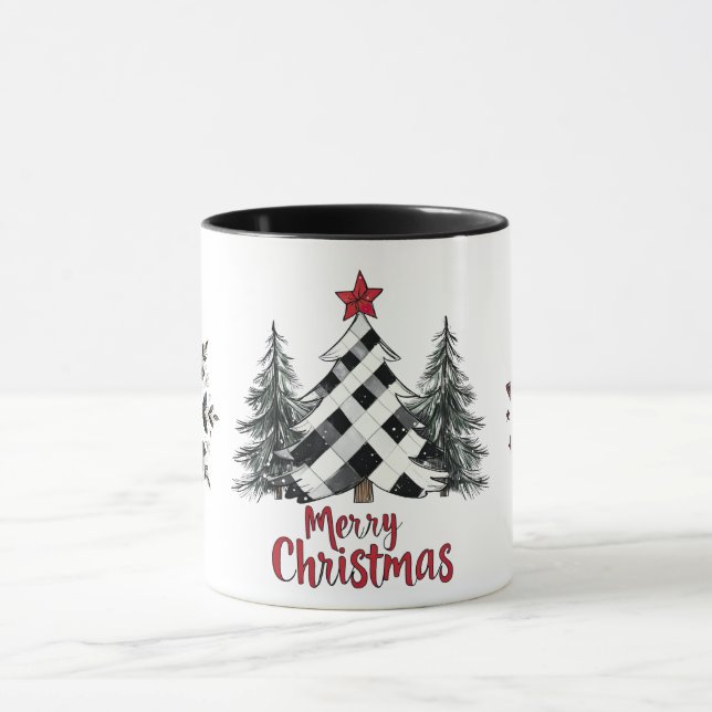 Red Black Merry Christmas Trees Snowflakes Mug (Center)