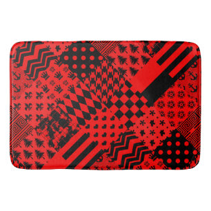 Red Black Mixed Patterns Patchwork Design  Bath Mat